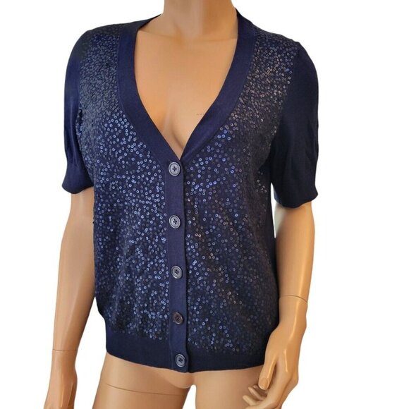 Talbots Cardigan Sweater Womens Medium Navy Blue Button Front Sequin Fro… - Picture 1 of 9